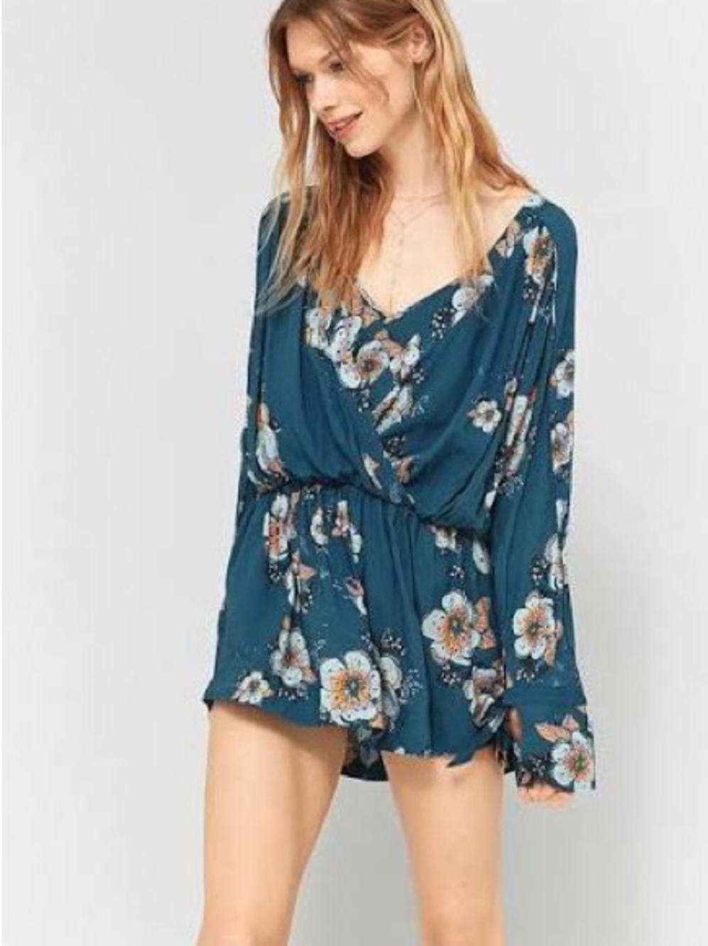 Free People Tuscan Dreams Floral Tunic Mini Dress Teal Blue Faux Wrap - Picture 4 of 11